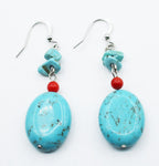 Glass Bead Faux Turquoise and Carnelian Earrings on Silver-Tone Metal