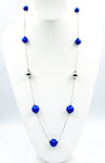 Fun Super-Long Silver and Blue Bead Necklace on a Delicate Silver-Tone Chain
