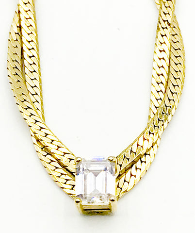 Super-Sparkly Glass Crystal Baguette in Woven Gold-Tone Herringbone Necklace