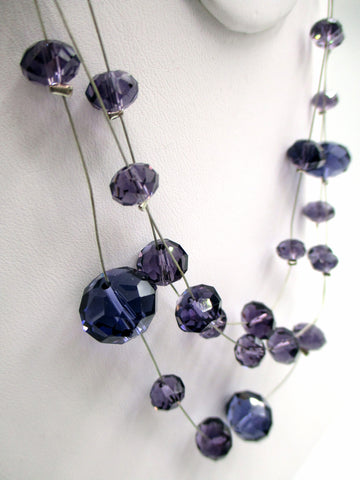 Delicate Sparkling Floating Purple Bead Necklace on 3 Thin, Silver-tone Wires