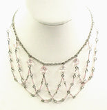 Sweet Delicate Necklace in a Scalloped Net with Soft Pink-Clear Beads