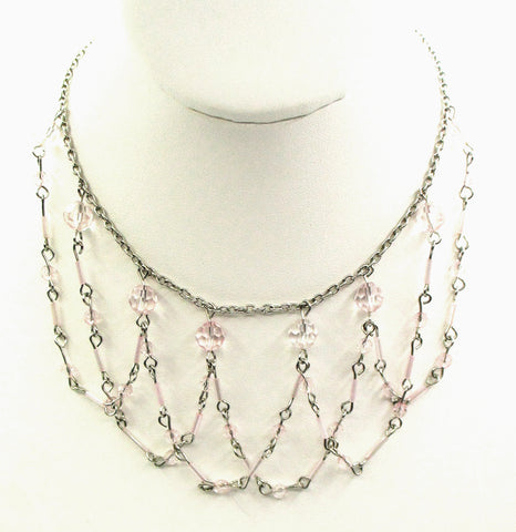Sweet Delicate Necklace in a Scalloped Net with Soft Pink-Clear Beads