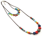 Cheerful Multi-Color Carnival Glass Beads on 2-Strand Brown Cord Necklace