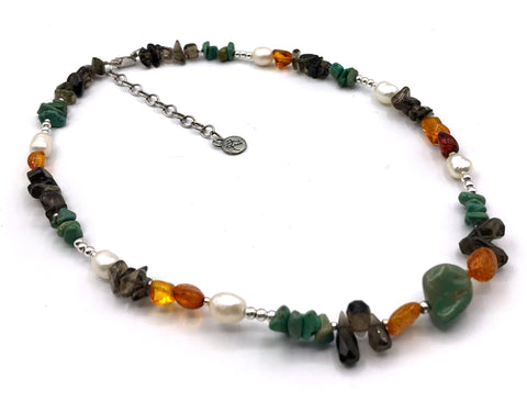 Mystic KENNETH LOGAN Necklace with Pearl, Smoky Quartz, Turquoise, Amber & Sunstone Beads w/925 Silver Clasp