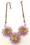 Fun Vintage Pink-Purple Plastic Flower Statement Necklace with a Sparkling Bead Center