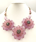Fun Vintage Pink-Purple Plastic Flower Statement Necklace with a Sparkling Bead Center