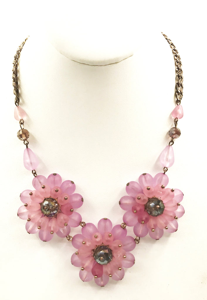 Large Flower Statement Necklace with Black, Pink and Rhinestone Flowers. |  eBay