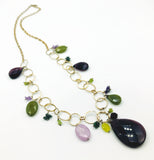 Fun Super-Long Necklace of Purple Glass & Rose Quartz Pendants with Amethyst, Peridot, Emerald Chip Beads