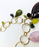 Fun Super-Long Necklace of Purple Glass & Rose Quartz Pendants with Amethyst, Peridot, Emerald Chip Beads