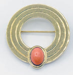 Sleek Openwork MONET Vintage Circle Pin, Gold Tone Metal with Peach Glass Cabochon
