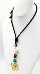 Summer Clover Set of Gold-tone Clover Earrings and Necklace of Faux Coral and Sponge Beads on Blue Cord CSPB Button