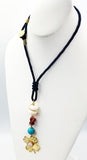 Summer Clover Set of Gold-tone Clover Earrings and Necklace of Faux Coral and Sponge Beads on Blue Cord CSPB Button