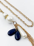 Fun 1970s-Style Swinging Faux Pearls and Navy Blue Bead Pendants Super-Long Necklace