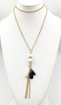 Fun 1970s-Style Swinging Faux Pearls and Navy Blue Bead Pendants Super-Long Necklace