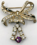 Super Sparkly Bow and Bell Pin Purple Rhinestone and Gold-Tone
