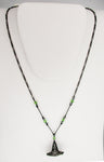 Delicate Vintage Openwork Bell Flower with Silver-tone Necklace and Green Glass Beads