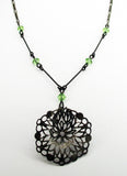 Delicate Vintage Openwork Bell Flower with Silver-tone Necklace and Green Glass Beads